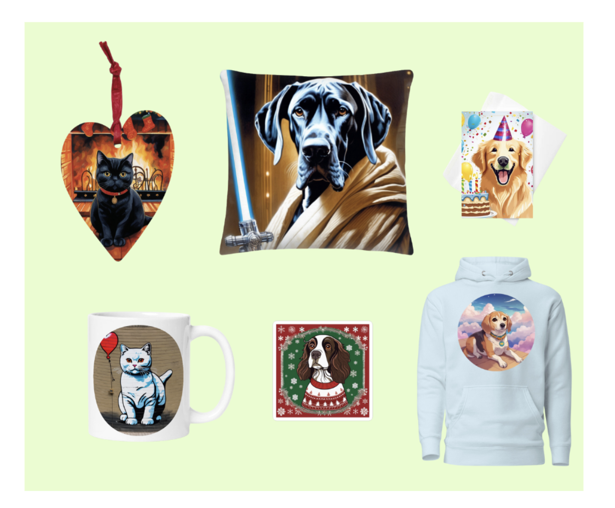 Collage of six custom pet products from PugMug: cat ornament, dog pillow, dog birthday card, cat mug, dog sticker, and dog hoodie