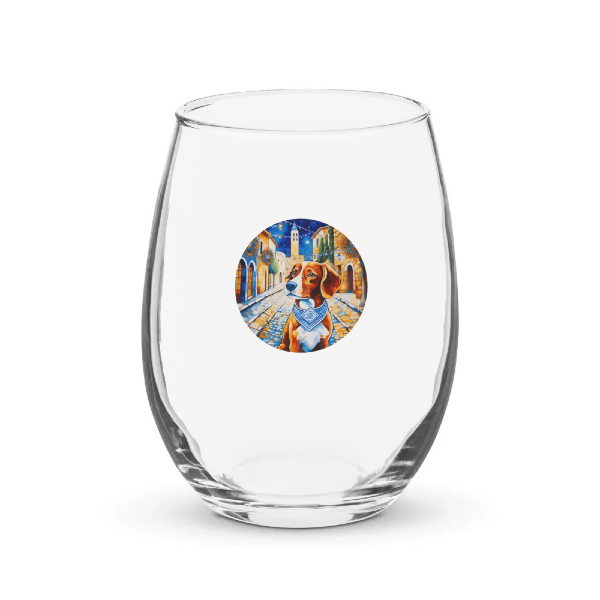 Custom brittany dog wine glass, custom dog wine glass feature Hanukkah portrait of a Brittany dog in Jerusalem