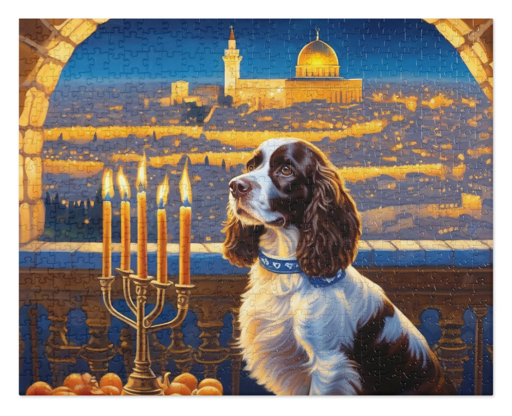 Custom English Springer Spaniel jigsaw puzzle, dog Hanukkah jigsaw puzzle, English Springer Spaniel in Jerusalem beside a lit menorah