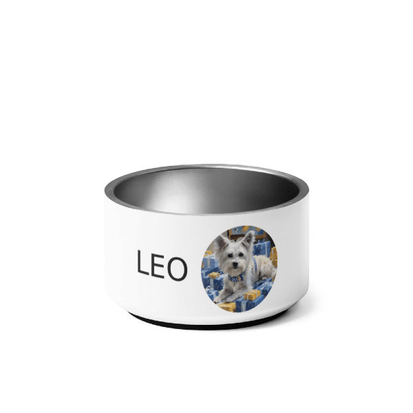 Custom Hanukkah dog bowl, dog bowl featuring an AI portrait of a white dog from PugMug.ai, with the name Leo on it