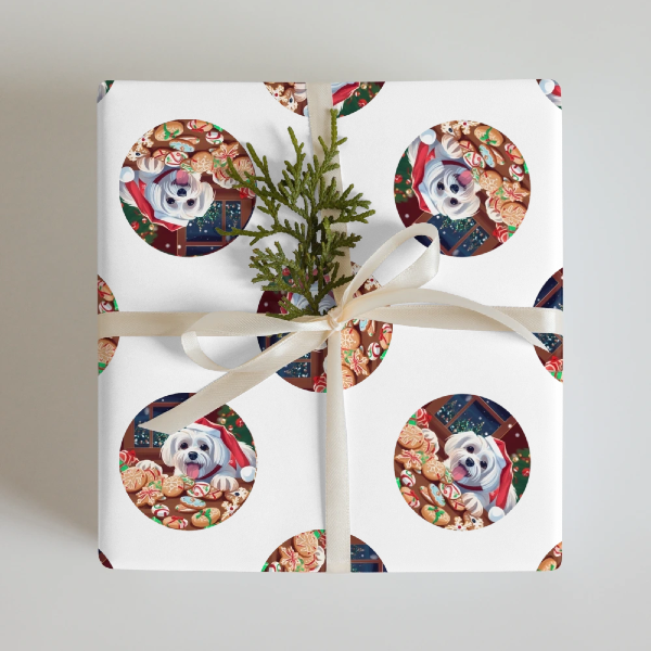 Custom wrapping paper with AI art of Maltese dog eating Christmas cookies, custom dog wrapping paper from PugMug