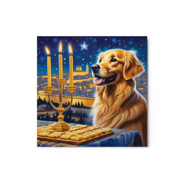 Custom golden retriever metal print from PugMug.ai, custom dog metal print of golden retriever lighting candles at Hanukkah, with Jerusalem in the background