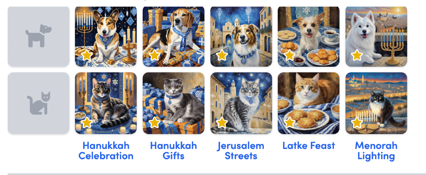 PugMug Hanukkah style pack, custom Hanukkah dog and cat art, AI pet portraits from five Hanukkah-themed art styles: Hanukkah celebration, Hanukkah gifts, Jerusalem streets, Latke feast, Menorah lighting