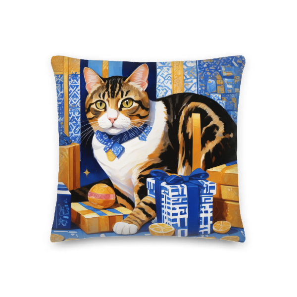 Custom cat pillow from PugMug.ai, custom portrait of a cat at Hanukkah surrounded by gifts