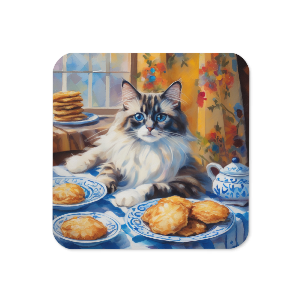 Custom cat coaster, Hanukkah coaster with a portrait of a tabby cat eating latkes