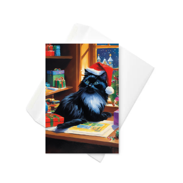 Custom Christmas card of a black ragdoll cat wearing a Santa hat, black cat in Santa's workshop, custom cat art, AI cat art from PugMug