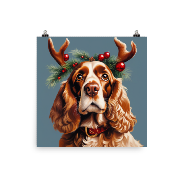 Custom dog reindeer portrait, AI dog portrait of English cocker spaniel wearing reindeer antlers