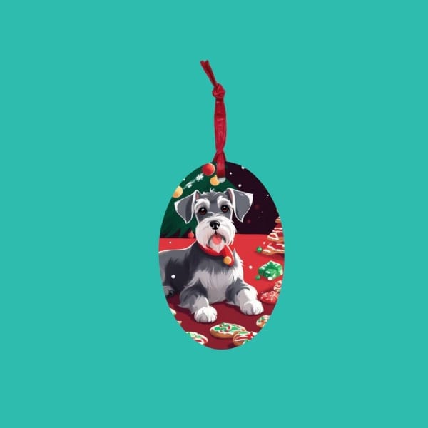 Custom dog ornament, dog portrait of miniature schnauzer eating Christmas cookies