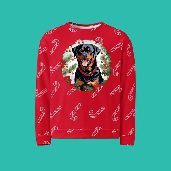 Ugly Christmas Sweater with custom dog art, rottweller Christmas portrait on a sweatshirt