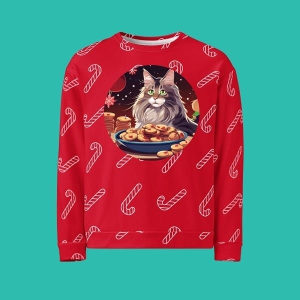 Custom cat Christmas sweater, AI cat portrait of Maine coon cat eating cookies