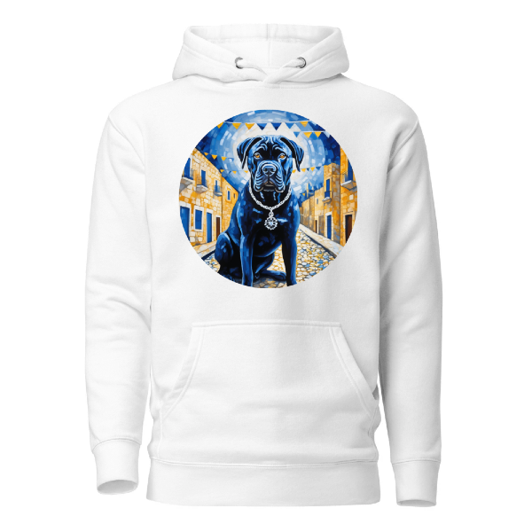 Custom dog hoodie featuring a cane corso dog at Hanukkah, Hanukkah portrait of cane corso dog from PugMug.AI, standing on a street in Jerusalem