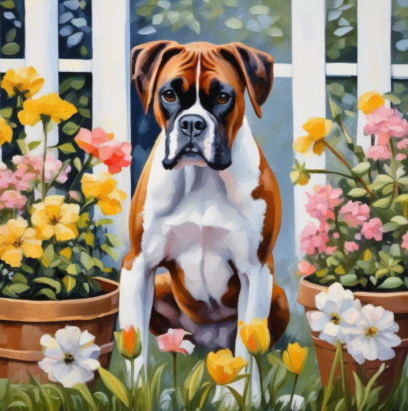 AI portrait of boxer dog in the garden, custom dog art from PugMug