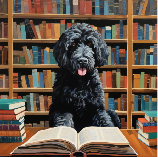 AI portrait of Portuguese water dog reading a book, custom dog art from PugMug