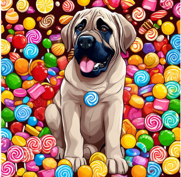 Custom dog portrait of a mastiff dog among a field of candy; custom mastiff art from PugMug