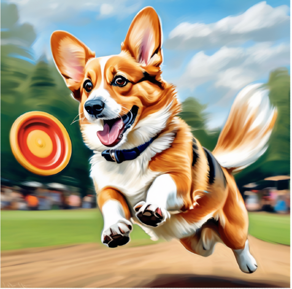 Custom dog portrait of a corgi running after a frisbee, AI dog art from PugMug