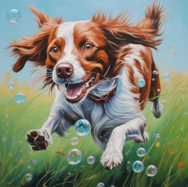 Custom king Charles spaniel art from PugMug, AI portrait of King Charles Spaniel dog running through a field of bubbles