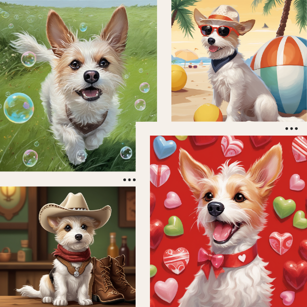 Collage of AI-pet portraits from pugmug.ai