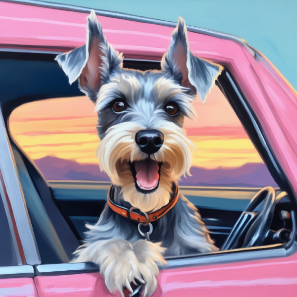 AI dog art of a happy schnauzer in a pink car on a road trip, custom pet art from pugmug.ai