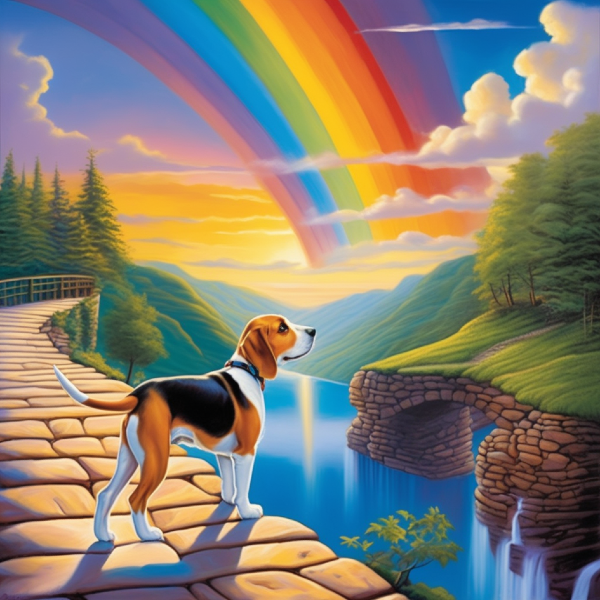 AI pet art of a beagle dog on a rainbow bridge