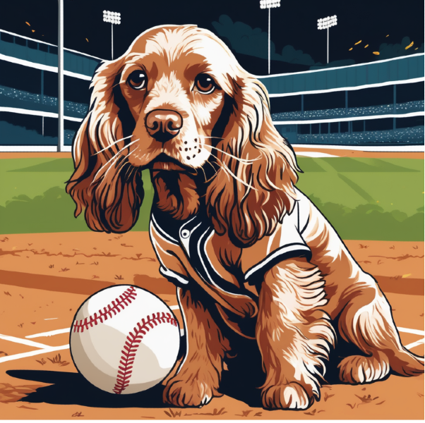 AI pet portrait of cute dog at a baseball field, custom dog art from pugmug.ai