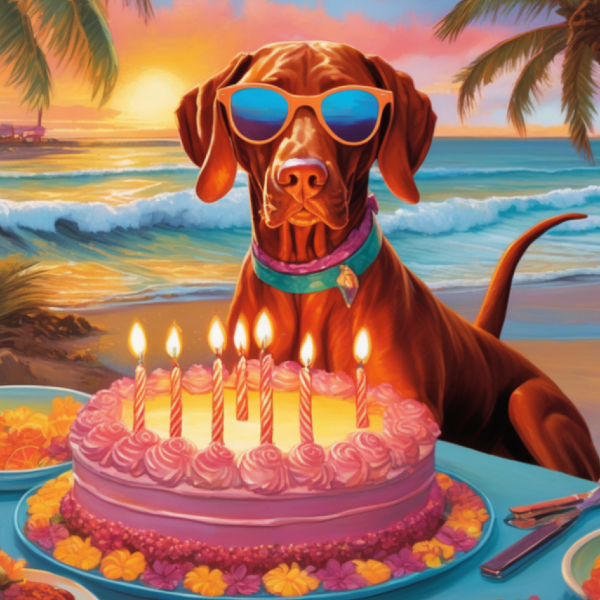 AI dog portrait of a cool dog with a birthday cake on the beach, dog birthday celebration, dog birthday cake