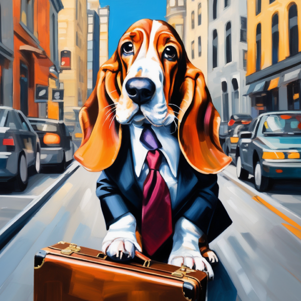 AI dog portrait of a bassett hound in a suit and tie with a briefcase, custom dog art from PugMug.ai