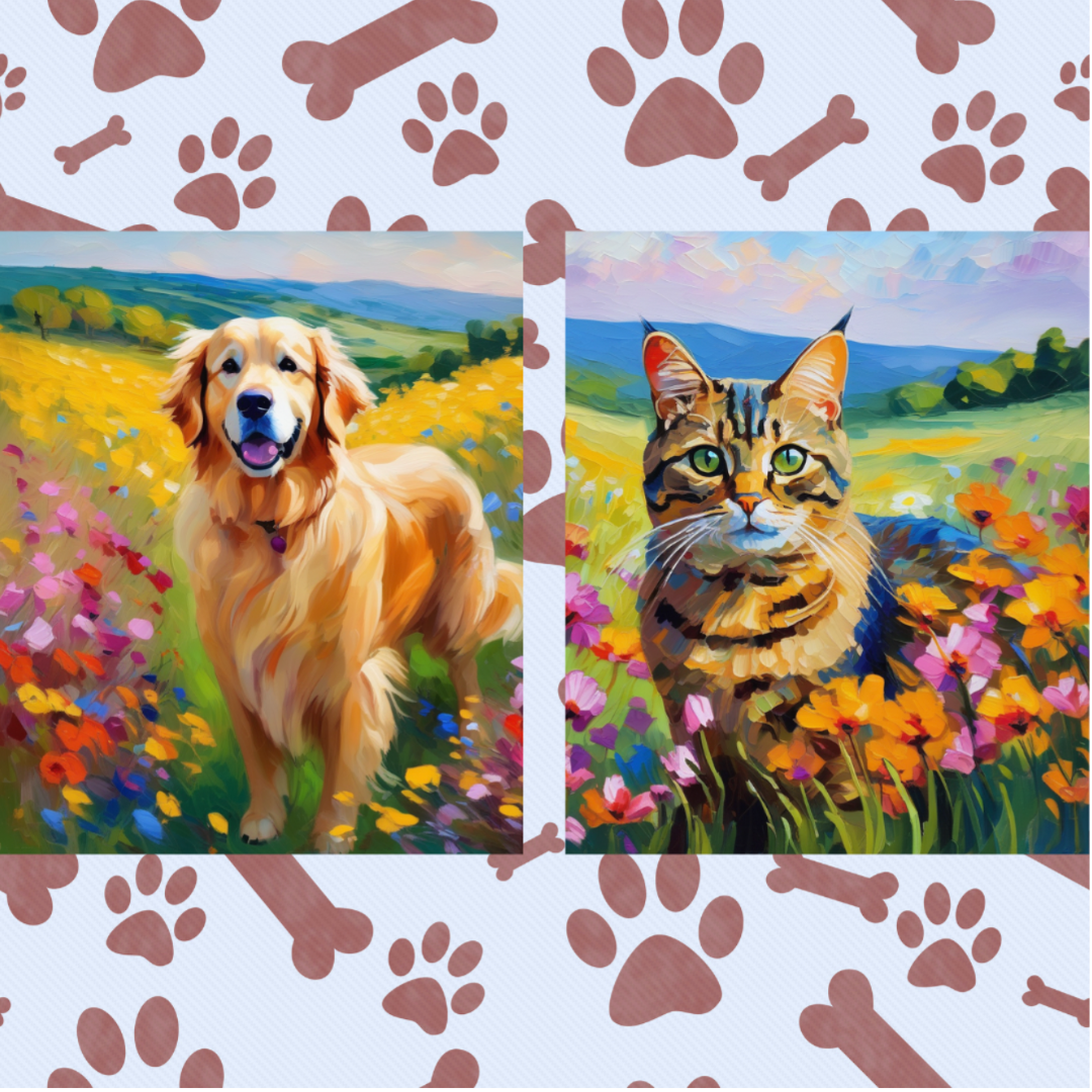 Side-by-side AI pet art of golden retriever dog and tabby cat on a impressionistic field of flowers background