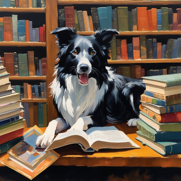 Custom border collie portrait from PugMug, AI dog portrait of border collie in a library with books