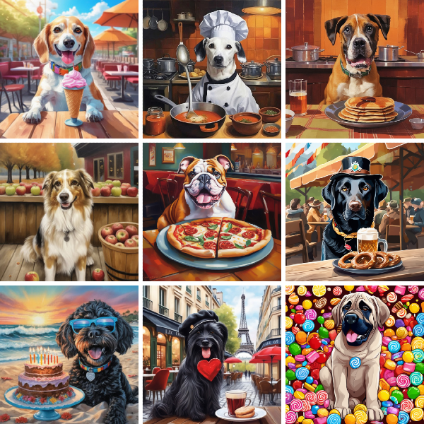 Collage of custom dog portraits featuring various foods from pugmug.ai