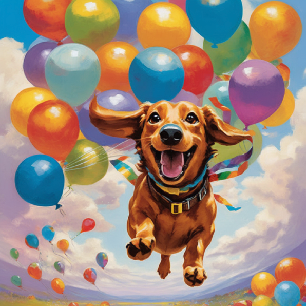 Custom dachshund portrait of a brown dachshund floating through the sky on balloons; AI dog art from pugmug.ai