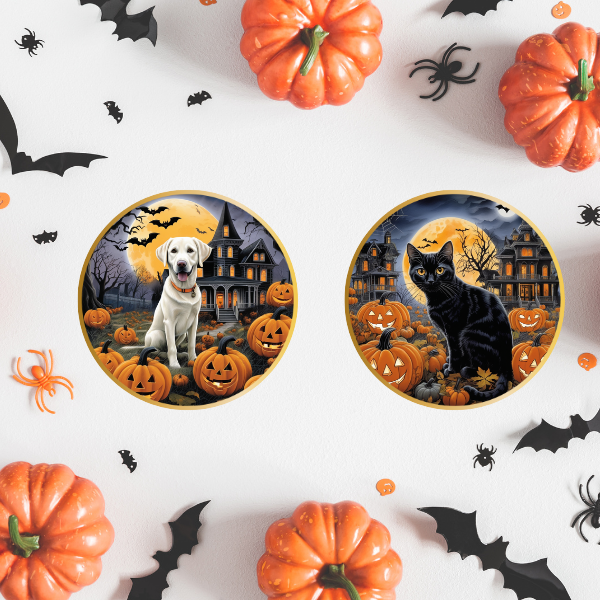 Custom pet art from PugMug, AI Halloween portrait of white lab and AI Halloween portrait of black cat