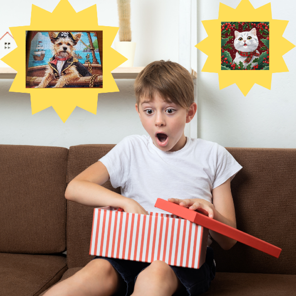 Photo of a young boy opening a gift, images of a custom dog jigsaw puzzle and a custom cat Christmas poster