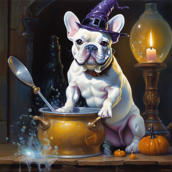 AI bulldog art, white bulldog as a Halloween warlock, AI dog art from pugmug.ai