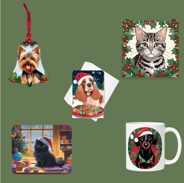 Collage of custom pet products from PugMug.ai: ornament, mouse pad, mug, greeting card, and poster