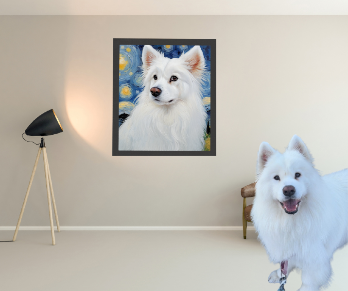 Photo of samoyed dog standing next to a starry night custom samoyed portrait from PugMug