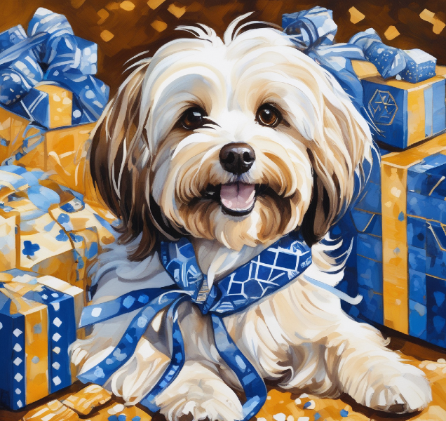 AI shih tzu portrait, cute Hanukkah dog art, Hanukkah art of shih tzu surrounded by blue and gold presents