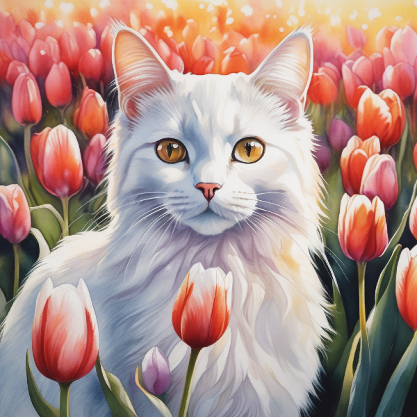 AI portrait of a white cat in a field of tulips, custom cat art from pugmug.ai