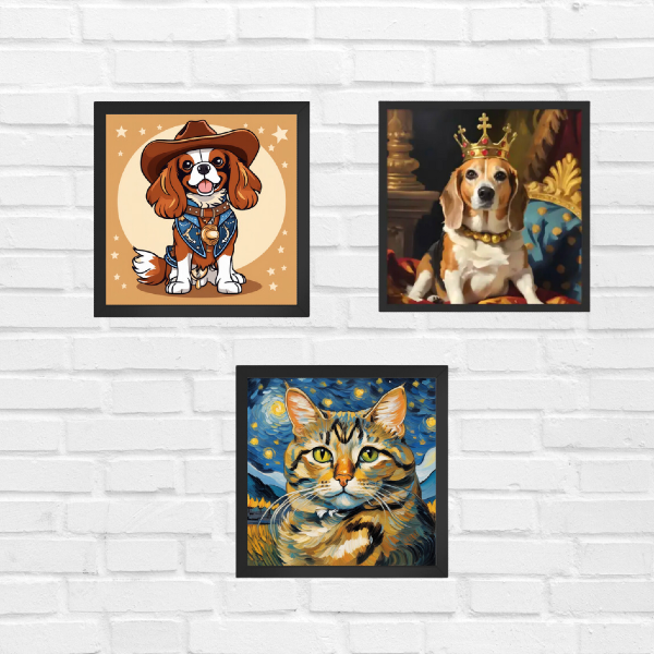 Custom pet art on a wall: two custom dog paintings and a custom cat painting