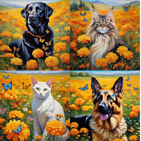 AI pet portrait of dog and cat surrounded by marigold flowers, memorial pet art for loss of a pet