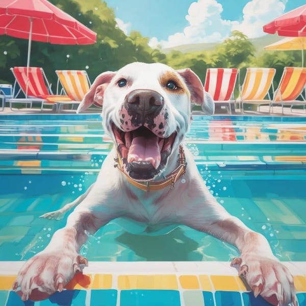 AI dog art of Melody, an adoptable rescue dog, custom dog art of a happy dog in a swimming pool