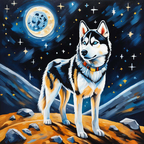 Custom siberian husky portrait on the moon, AI dog portrait from PugMug.ai