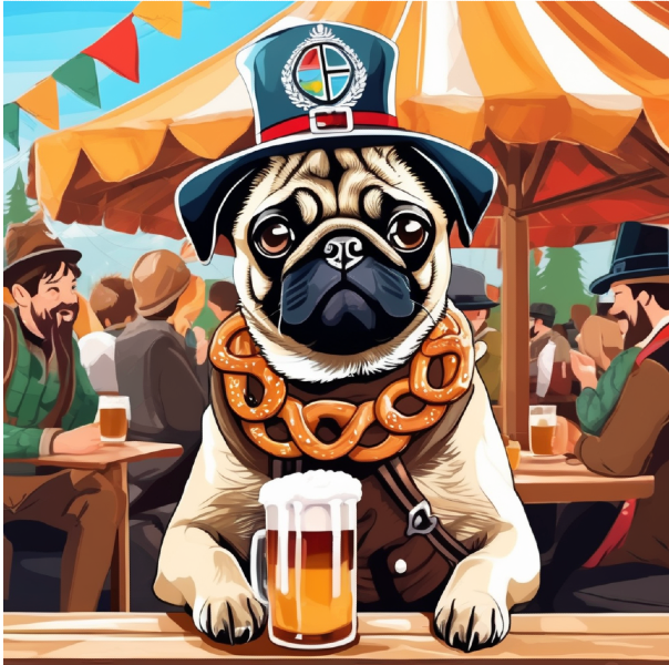 AI dog portrait of a pug wearing a pretzel necklace at Oktoberfest, surrounded by laughing men; custom pet art from pugmug.ai