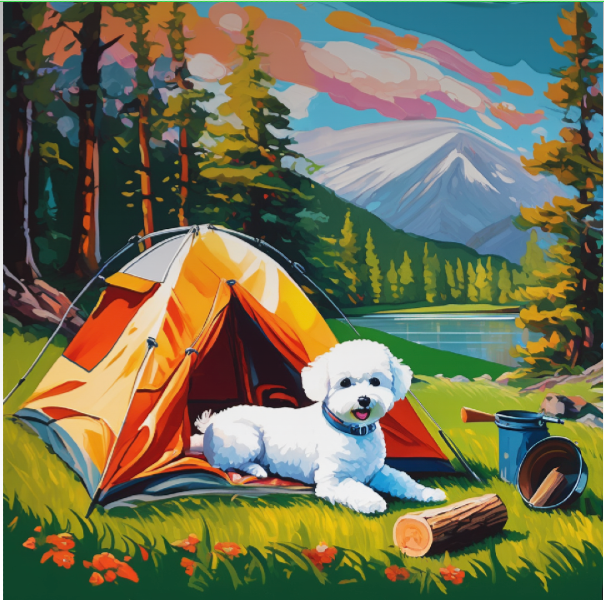 Custom bichon frisé portrait, bichon dog camping by a lake, AI dog portrait from pugmug.ai