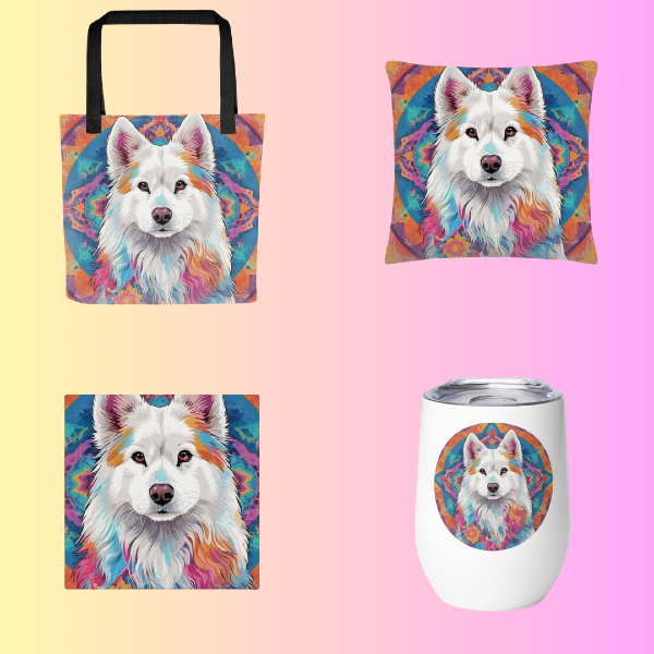 Collage of custom samoyed products in tie-dye style from PugMug: tote bag, pillow, canvas, and wine tumbler