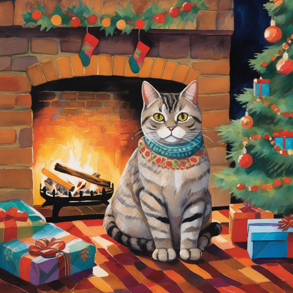 Custom Christmas cat art from PugMug, AI portrait of a cat by a Christmas fireplace with a Christmas tree and presents