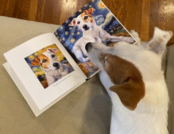 Rosie, a terrier dog, looking at a custom art book with custom dog portraits in Starry Night theme from PugMug.ai