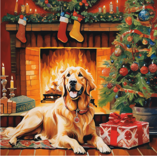 AI golden retriever Christmas portrait from PugMug, custom dog portrait of golden retriever in front of a Christmas fireplace