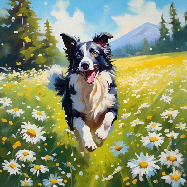 Custom border collie portrait, AI art of border collie jumping in a field of daisies, custom dog art from pugmug.ai